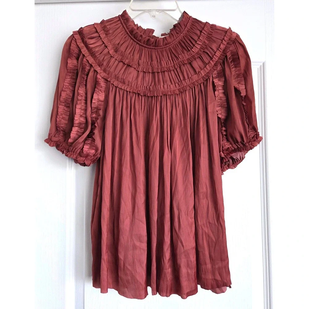 Ulla‎ Johnson Aimee Pleated Blouse Terracotta Rose Ruffle Puff Sleeve Top Size 8